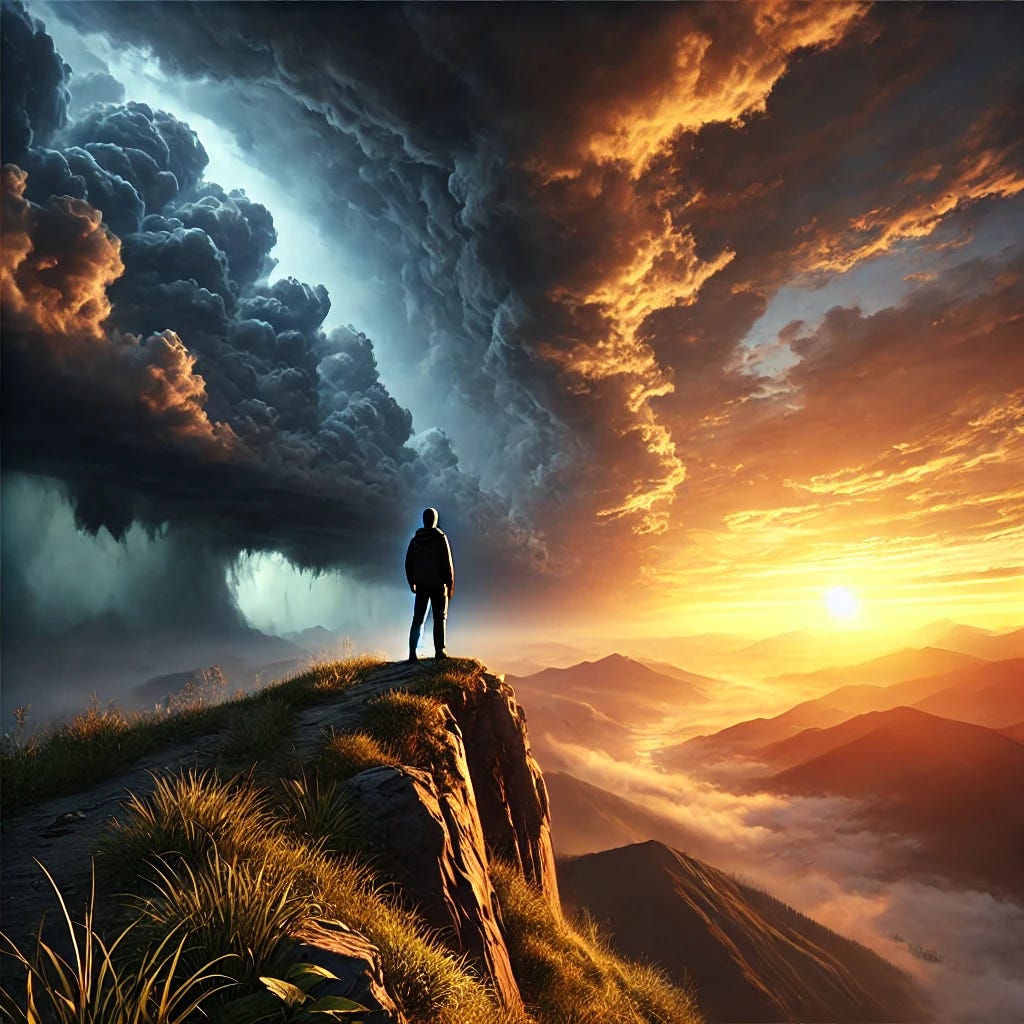 A professional digital artwork of a person standing on a cliff edge at dawn, gazing out at an approaching storm. The sky is dramatically split, with the right side appearing even more ominous and menacing, filled with dark, swirling storm clouds that contrast with the calm, clear sunrise on the left. The person stands calmly but alert, with soft morning light on their face while shadows from the intensified storm approach. The scene has realistic, cinematic lighting, detailed weather effects, and a 4k quality, creating a sense of foreboding that contrasts with the peaceful dawn. The style is realistic and trending on ArtStation.
