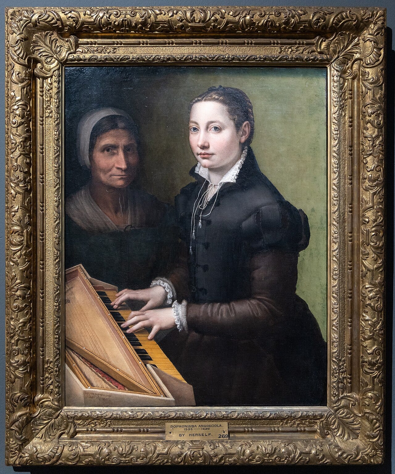 A noblewoman playing a keyboard and turning to the viewer A noblewoman playing a keyboard and turning to the viewer