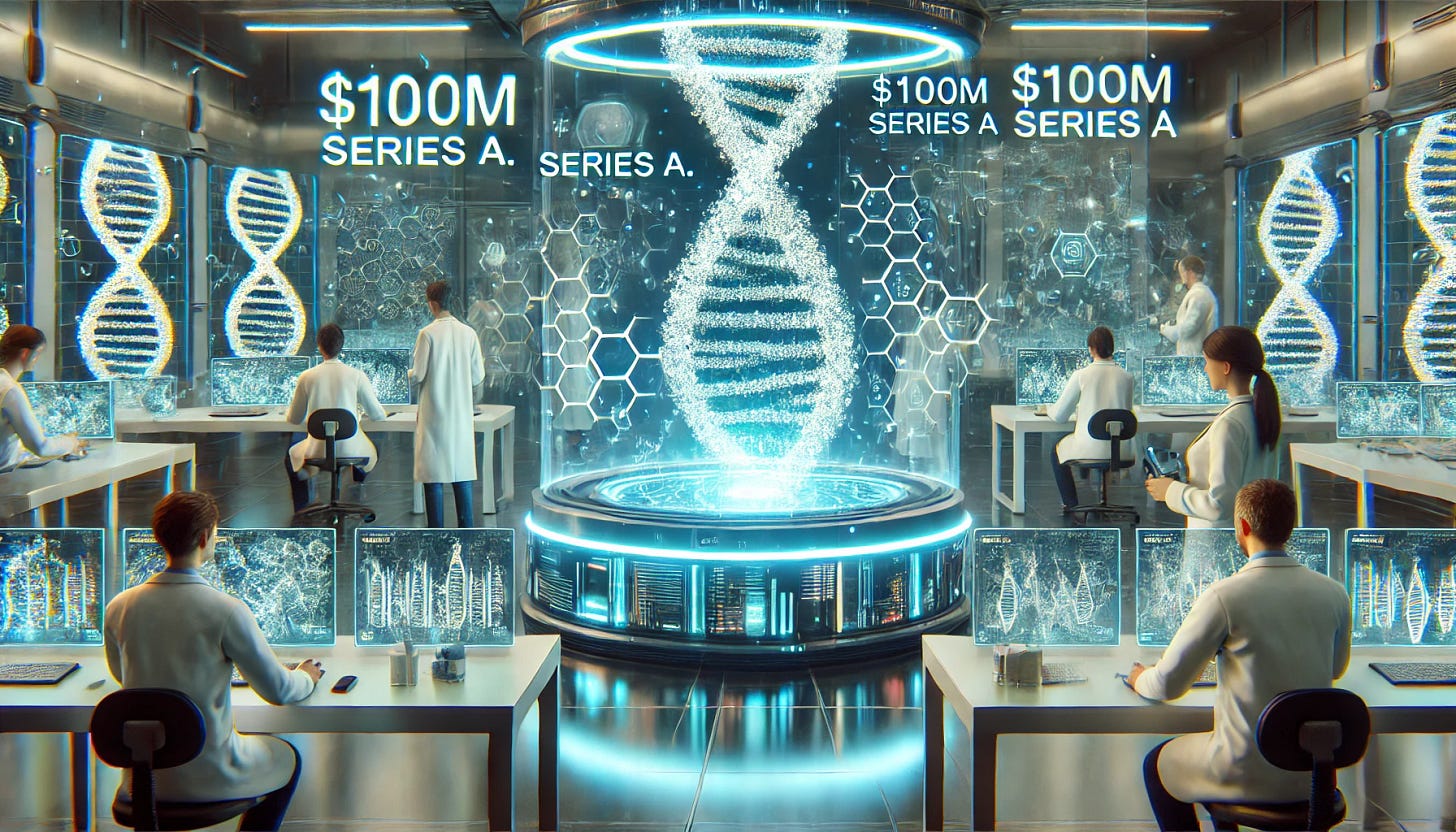 A futuristic biotech lab with AI-powered equipment analyzing RNA molecules. Scientists in white lab coats examine holographic projections of genetic sequences. The atmosphere is high-tech and dynamic, with glowing data screens displaying funding milestones like "$100M Series A." The scene conveys innovation, investment, and the cutting edge of RNA therapeutics.