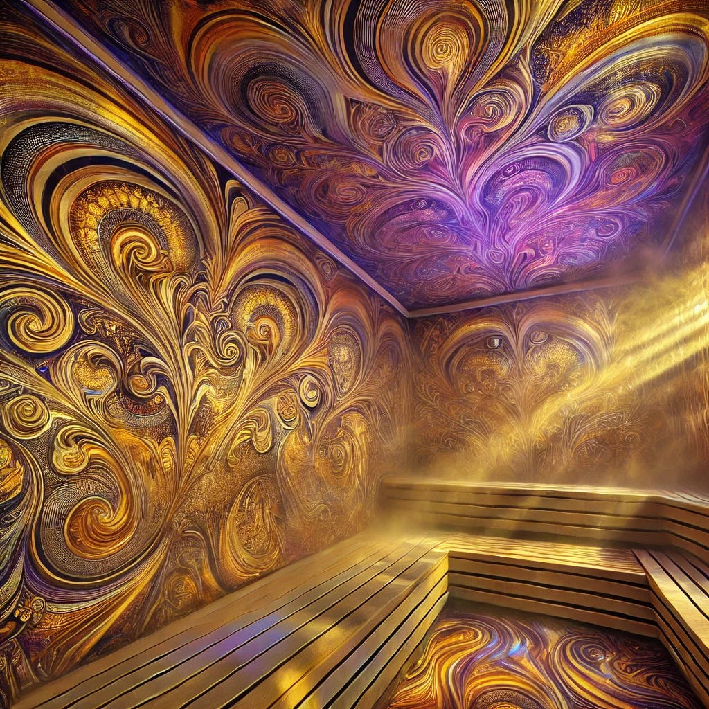 A psychedelic sauna with swirling patterns in gold, amber, and purple tones. The walls and steam are filled with intricate, flowing designs, creating a dreamlike, surreal atmosphere. The wooden benches have a warm glow, and the air shimmers with vibrant, iridescent hues. A mystical ambiance with soft, ambient lighting enhances the trippy, otherworldly feel.