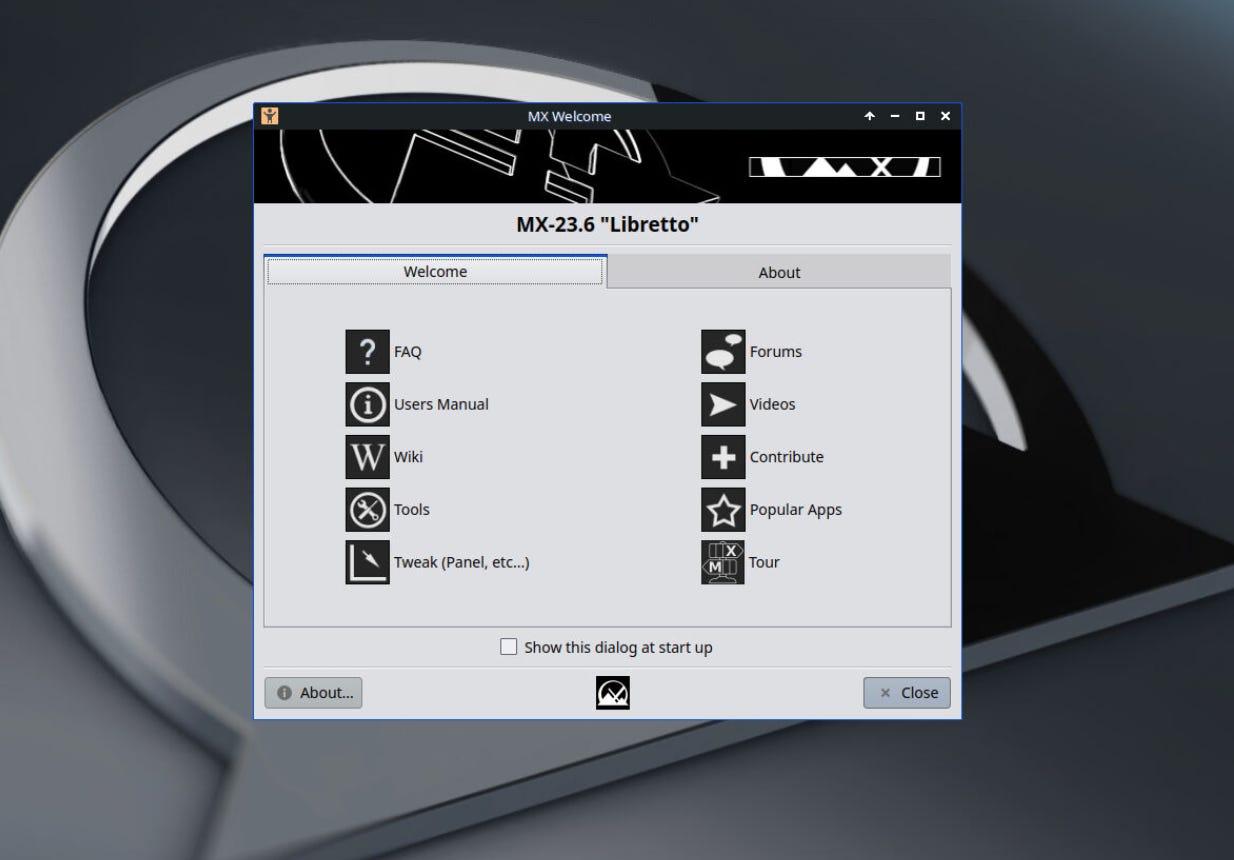 The helpful Welcome screen for MX Linux