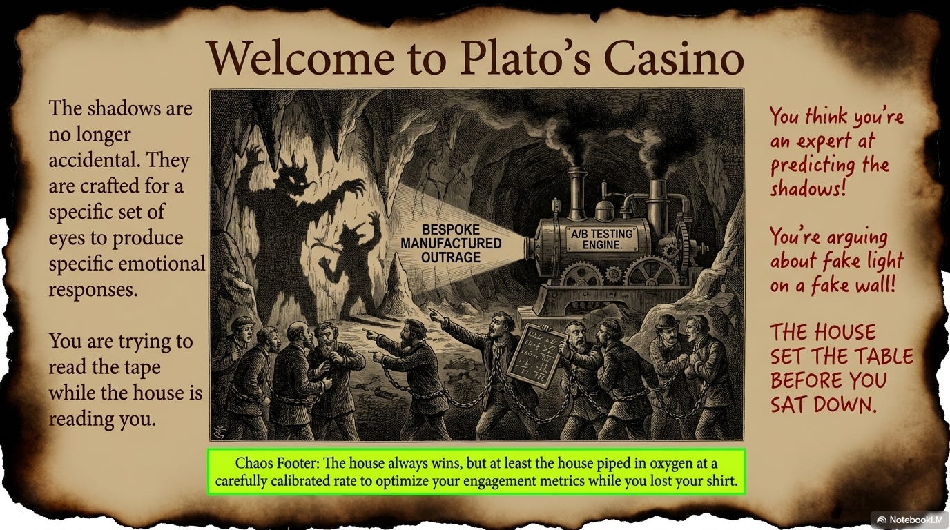 Engraved tableau of chained prisoners staring at shadows on a cave wall. The shadows are produced by an "A/B Testing Engine" feeding a "Bespoke Manufactured Outrage" lamp. Caption: "You are trying to read the tape while the house is reading you."