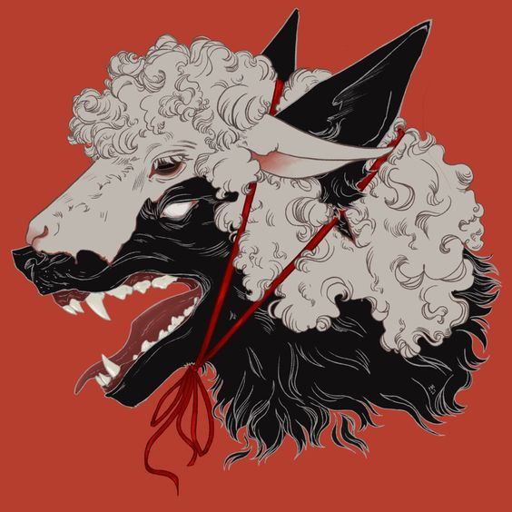 This may contain: a drawing of a black and white sheep with horns on it's head is shown