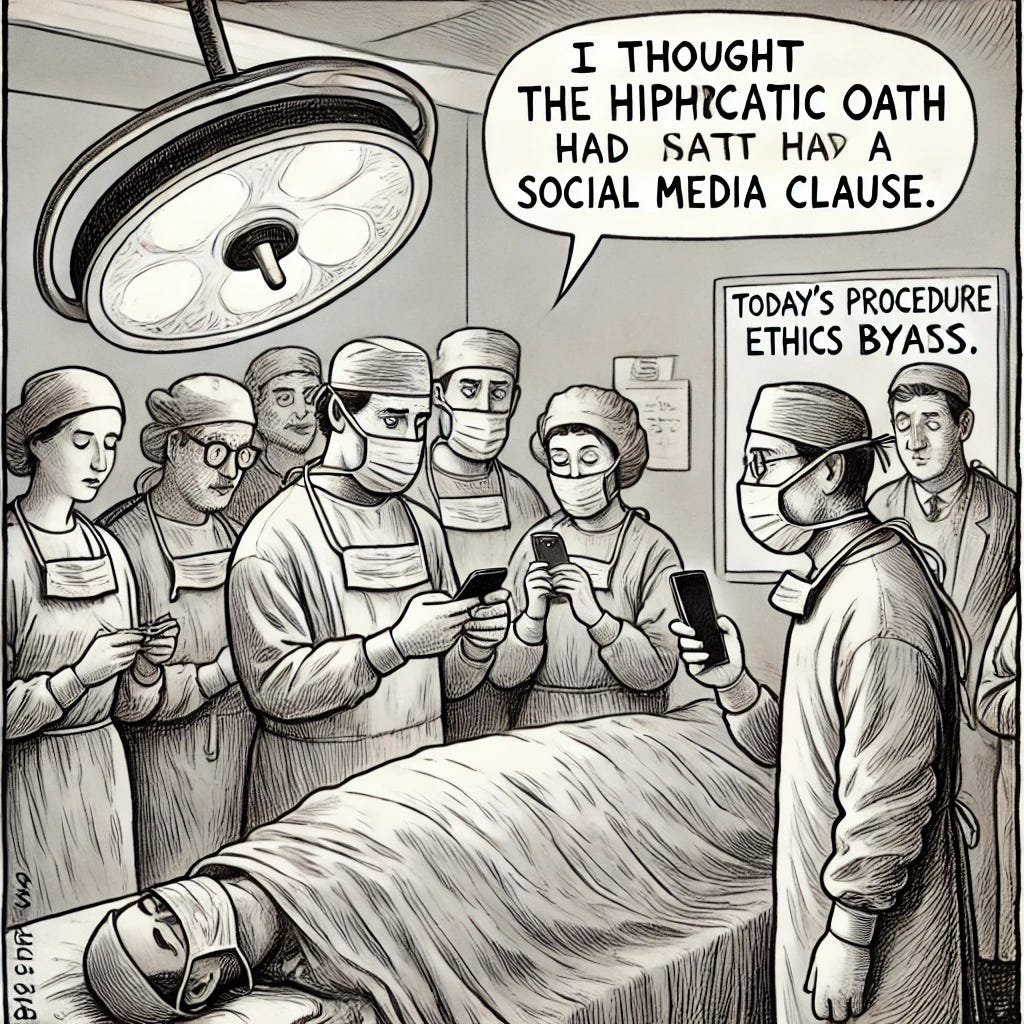 A cartoon in the style of a New Yorker magazine sketch. Scene: In a sterile, fluorescent-lit hospital operating room, a group of surgeons stands over an unconscious patient. One surgeon is holding a smartphone, mid-snap, and turns to a colleague with a dry expression, saying, 'I thought the Hippocratic Oath had a social media clause.' The other surgeons look unimpressed; one is jotting notes with a visible sigh. In the background, a whiteboard reads 'Today’s Procedure: Ethics Bypass.' Minimalist background. Black and white. Dry, intellectual tone. A cartoon in the style of a New Yorker magazine sketch. Scene: In a sterile, fluorescent-lit hospital operating room, a group of surgeons stands over an unconscious patient. One surgeon is holding a smartphone, mid-snap, and turns to a colleague with a dry expression, saying, 'I thought the Hippocratic Oath had a social media clause.' The other surgeons look unimpressed; one is jotting notes with a visible sigh. In the background, a whiteboard reads 'Today’s Procedure: Ethics Bypass.' Minimalist background. Black and white. Dry, intellectual tone.