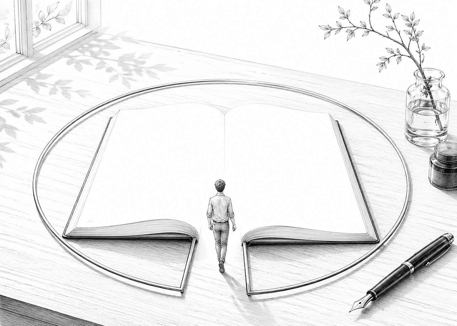 A small figure steps through an open circular boundary toward a blank page on a bright desk.