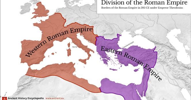Western & Eastern Roman Empire, 395 CE - World History Encyclopedia Δυτική & Ανατολική Ρωμαϊκή Αυτοκρατορία, 395 μ.Χ. - Εγκυκλοπαίδεια Παγκόσμιας Ιστορίας