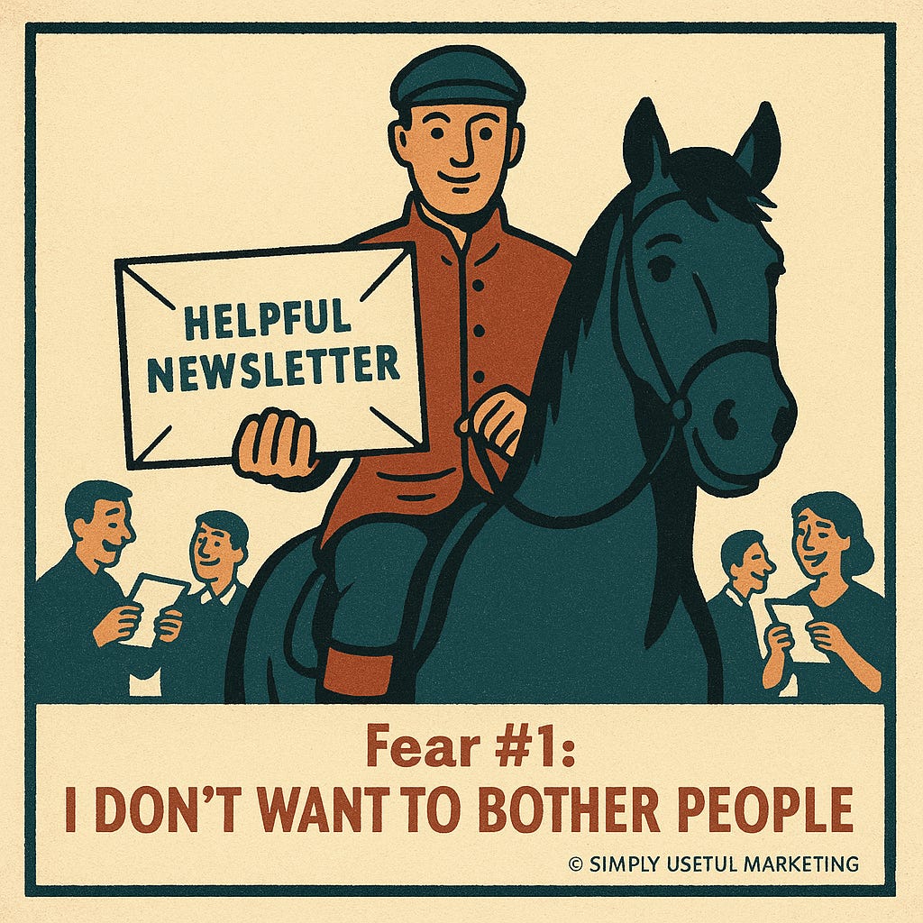 “Vintage-style poster of a calm horseman holding a large envelope labeled ‘Helpful Newsletter,’ while small background figures happily read mail. Caption reads: ‘Fear #1: I Don’t Want to Bother People.’” “Vintage-style poster of a calm horseman holding a large envelope labeled ‘Helpful Newsletter,’ while small background figures happily read mail. Caption reads: ‘Fear #1: I Don’t Want to Bother People.’”