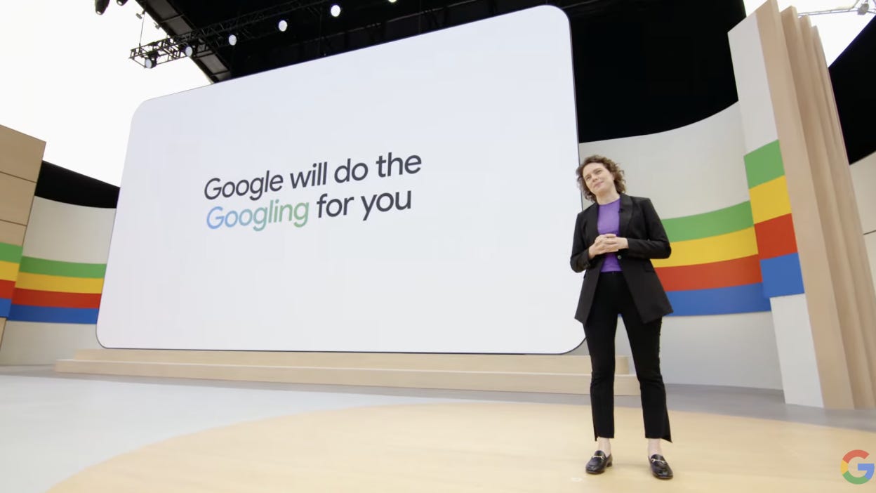 Google Head of Search Liz Reid in a black blazer stands in front of a giant screen Google Head of Search Liz Reid in a black blazer stands in front of a giant screen