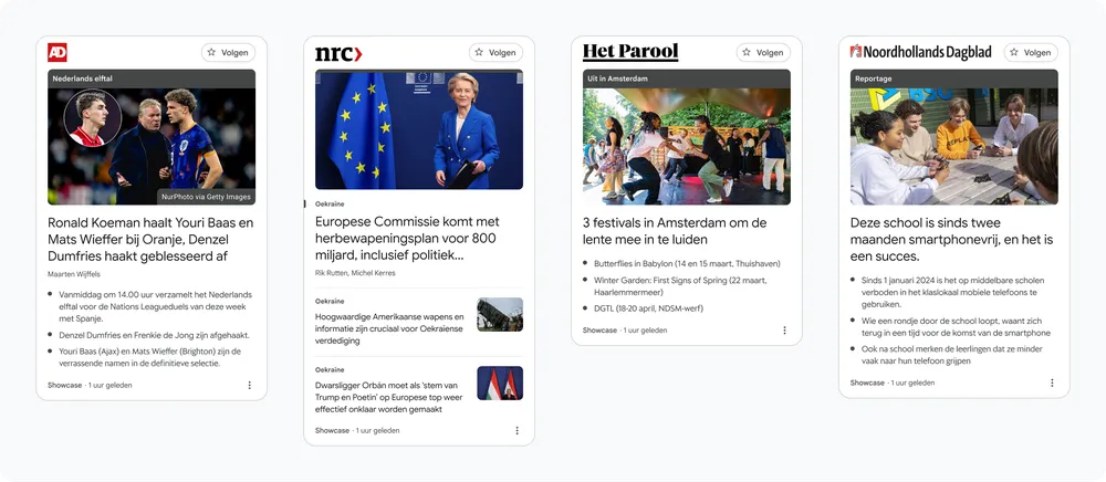 Voorbeelden van Google Nieuws Showcase-panelen, afkomstig van verschillende nieuwsbronnen.