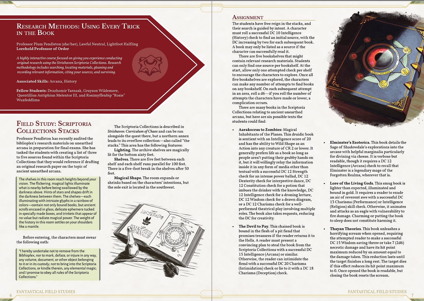 Interior pages from Fantastical Field Studies. The entry for Research Methods includes a bookmark banner with course information and encounter information including a location and descriptions of items. Pictures of magical books border the text.