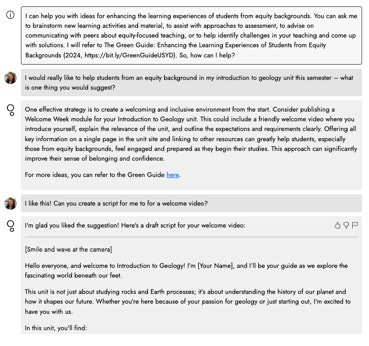 Alt text: Screenshot of a chat conversation with the Green Guide AI agent. An educator asks for help with students from equity backgrounds in an introduction to geology unit. The AI suggests creating a welcoming and inclusive environment, recommending a "Welcome Week module" with a friendly welcome video, clear unit expectations, and key information on one page with links to resources. The conversation continues with the educator requesting a script for a welcome video, and the AI providing a draft script that introduces the instructor, explains the unit's focus on Earth's history and geological processes, and emphasizes an inclusive learning environment.