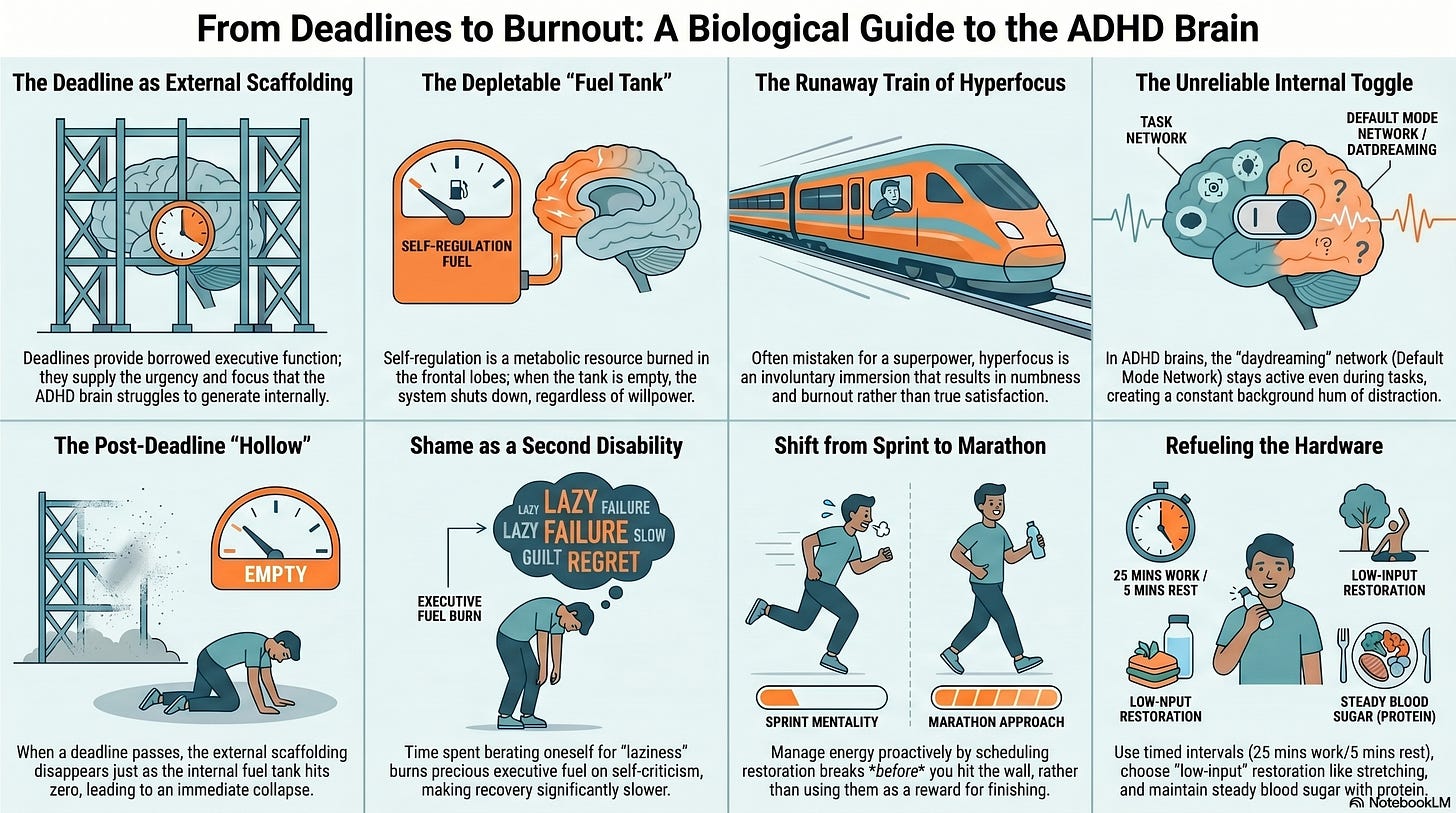 Infographic titled “From Deadlines to Burnout” explaining ADHD regulation through deadline scaffolding, fuel-tank depletion, hyperfocus, post-deadline collapse, shame, pacing strategies, rest breaks, food, and low-input recovery.
