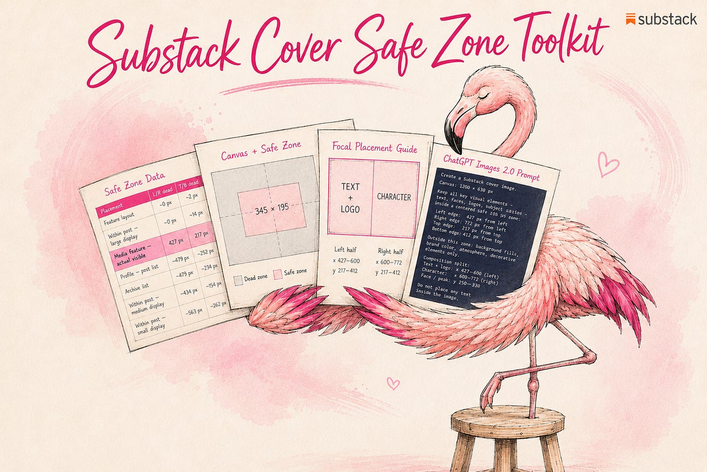 Substack Cover Safe Zone Toolkit product graphic showing a flamingo holding safe zone data sheets and a ChatGPT Images prompt card