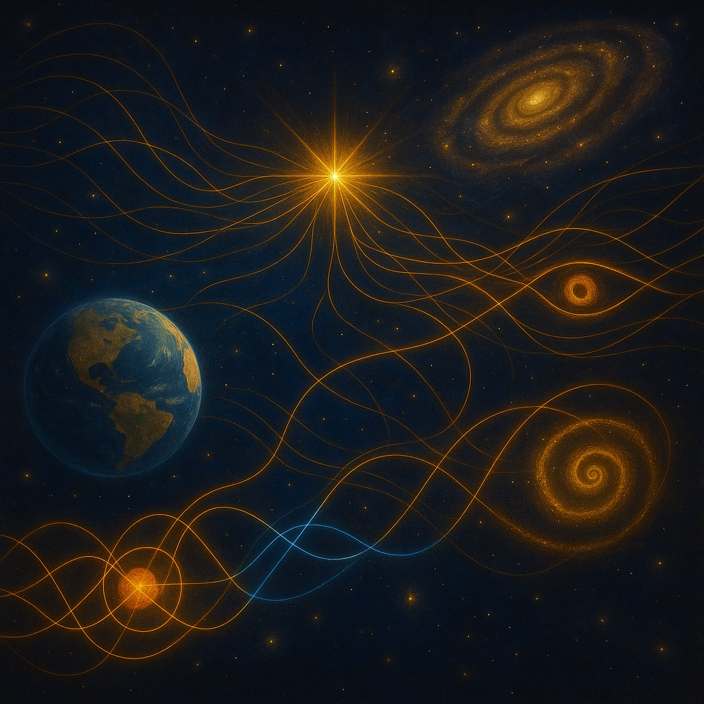 A cosmic scene depicting Earth, the Sun, and distant galaxies interconnected by glowing golden and blue threads of light, symbolising quantum entanglement and nonlocal connections across space and time.