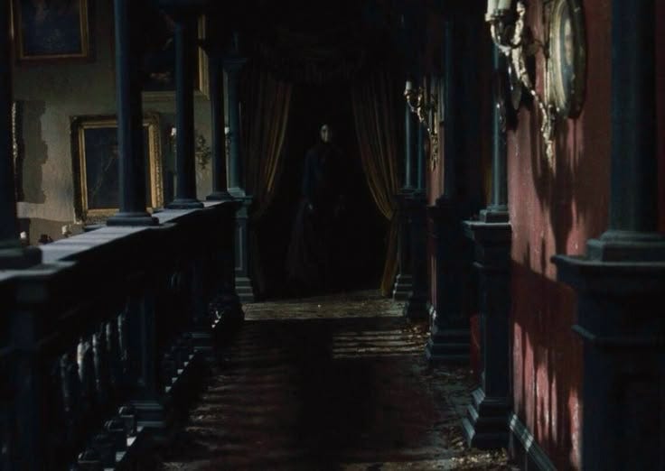 This may contain: the hallway in an old house is dimly lit