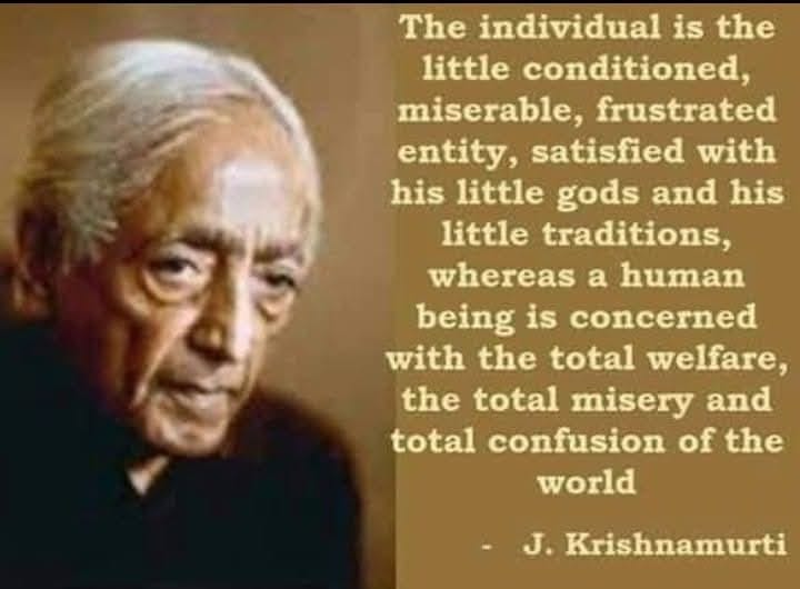 May be an image of 1 person and text that says 'The individual is the little conditioned, miserable, frustrated entity, satisfied with his little gods and his little traditions, whereas a human being is concerned with the total welfare, the total misery and total confusion of the world J. Krishnamurti'