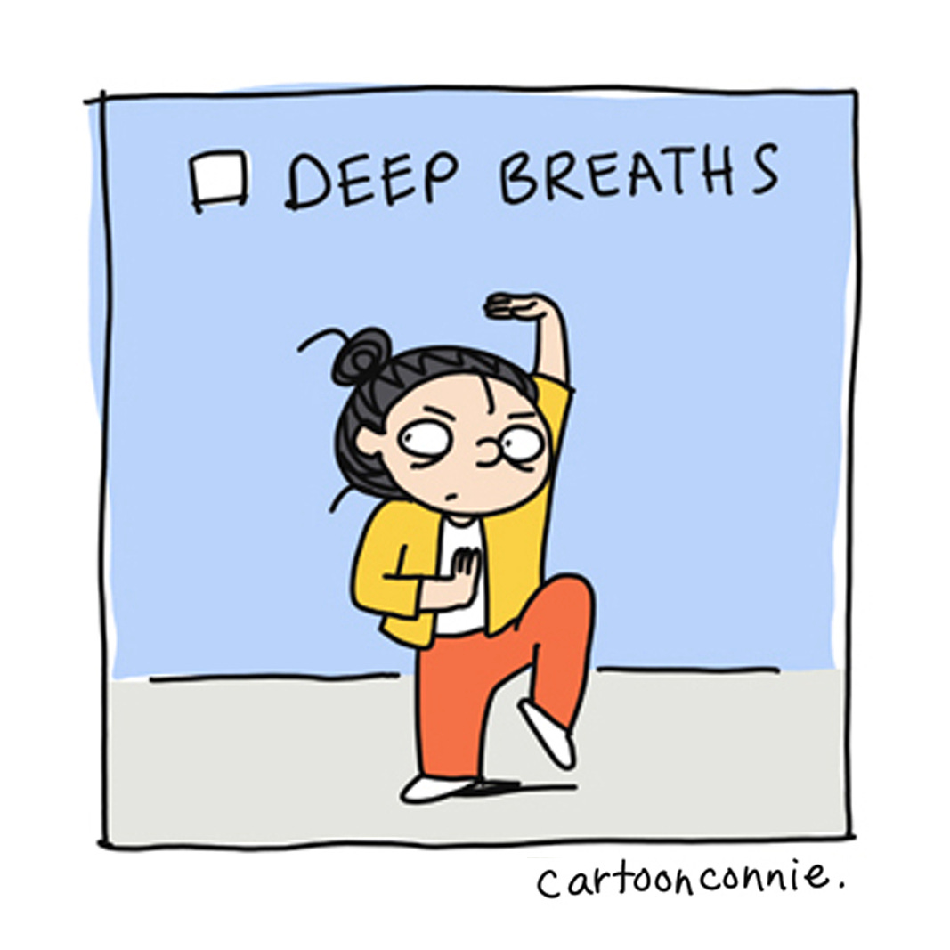 Colorful illustration of a cartoon girl with a bun in a comical kungfu pose. Excerpt from a comic strip titled "Personal Demon Slayer," original art by Connie Sun, cartoonconnie, 2025. Colorful illustration of a cartoon girl with a bun in a comical kungfu pose. Excerpt from a comic strip titled "Personal Demon Slayer," original art by Connie Sun, cartoonconnie, 2025.