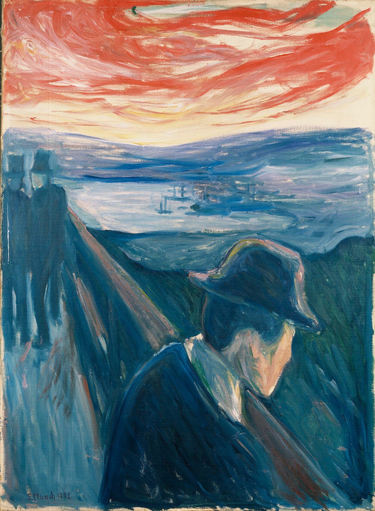Munch's Despair, a man in a dark coat leaning on a fence bridge railing under a red sky