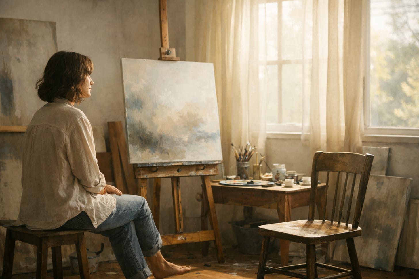 art studio with unfinished canvas in soft daylight, symbolizing creative patience and progress art studio with unfinished canvas in soft daylight, symbolizing creative patience and progress