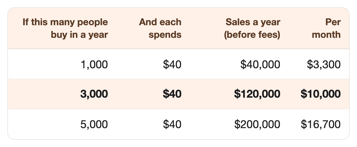If this many people buy in a year: 1,000, And each spends: $40, Sales a year (before fees): $40,000, Per month: $3,300. If this many people buy in a year: 3,000, And each spends: $40, Sales a year (before fees): $120,000, Per month: $10,000. If this many people buy in a year: 5,000, And each spends: $40, Sales a year (before fees): $200,000, Per month: $16,700