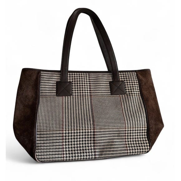 Vintage Lauren Ralph Lauren Brown Suede Leather Tote Bag  Houndstooth Plaid Y2K - Picture 1 of 16