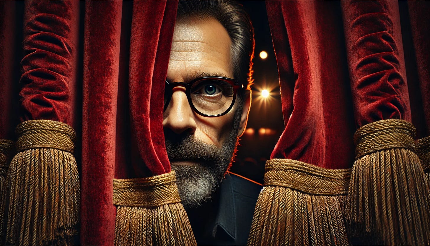 A dramatic scene of a middle-aged man with a short beard and glasses peeking out from behind a heavy velvet curtain before a play is about to start. Only part of his face is visible, showing one eye and a hint of expression. His glasses reflect a subtle glimmer of stage light, adding depth to his thoughtful and mysterious appearance. The rich red velvet curtain has deep folds and texture, creating a sense of anticipation. The lighting is dim, with a warm glow from the stage casting subtle highlights on his face and the curtain. The background is dark and blurred, emphasizing the secrecy and tension of the moment. Created using cinematic lighting, high contrast, detailed fabric texture, moody atmosphere, realistic shading, warm tones, soft focus background, and dramatic framing. HD quality, natural look.