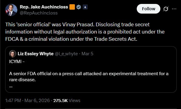Jake Auchincloss tweet accusing Prasad of "“a prohibited act under the FDCA & a criminal violation under the Trade Secrets Act.”