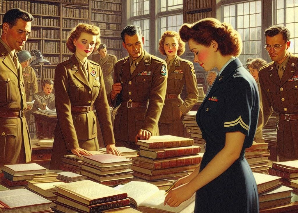 WWII vintage officers standing in a library around a table looking intently at books stacked on the table while attractive female aides take notes, drawn in the style of Norman Rockwell.