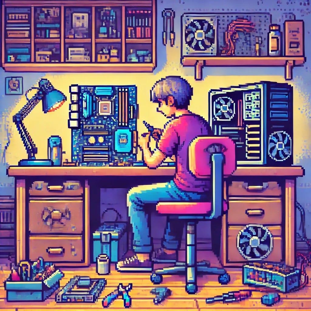 A pixel art scene of a person building a computer. The person is seated at a desk with computer components scattered around, such as a motherboard, CPU, graphics card, and cables. The person is carefully installing parts into a computer tower. The environment is a cozy room with a small lamp on the desk, and shelves in the background holding tools and spare parts. The colors are vibrant, and the pixel art style is retro, with detailed shading and classic 8-bit design.
