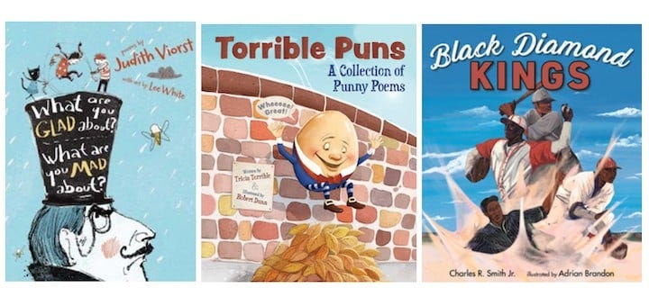 short 7 feature | MiddleWeb Collage of three book covers: "What Are You Glad About? What Are You Mad About?", a middle cover titled "Torrible Puns" with a baby, and "Black Diamond Kings" on the right.