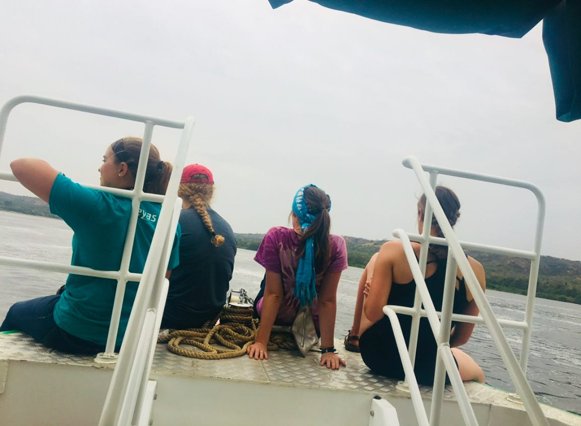 Picture shows girls on the bow of a boat on the Nile