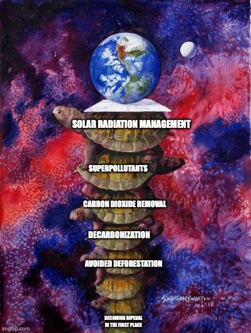 Painting of the Earth resting on a tall stack of turtles against a red and blue cosmic background, signed S. Hollingsworth. Labels from top to bottom: "SOLAR RADIATION MANAGEMENT" "SUPERPOLLUTANTS" "CARBON DIOXIDE REMOVAL" "DECARBONIZATION" "AVOIDED DEFORESTATION" "BECOMING BIPEDAL IN THE FIRST PLACE"