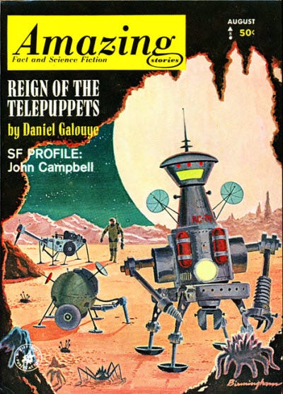 A magazine cover showing a bunch of robotic looking space devices on a barren alien surface. In the background is a spacesuitted figure and a giant globe.
