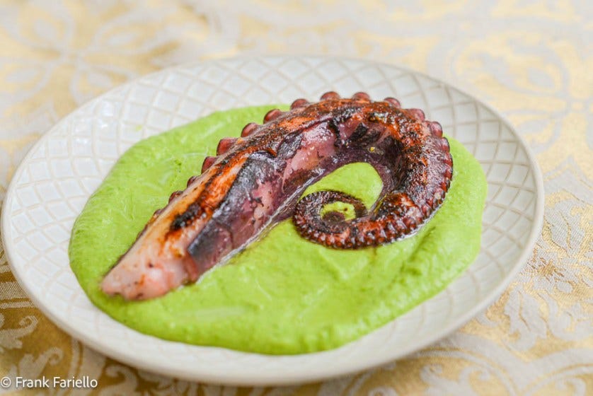 Polpo alla piastra su crema di piselli (Seared Octopus and Green Pea Puree)