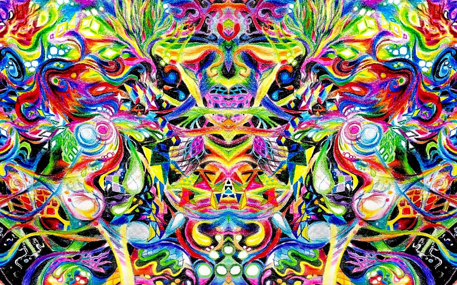 Abstract lines of red, yellow, blue, green, white and purple forming a kind of explosive image