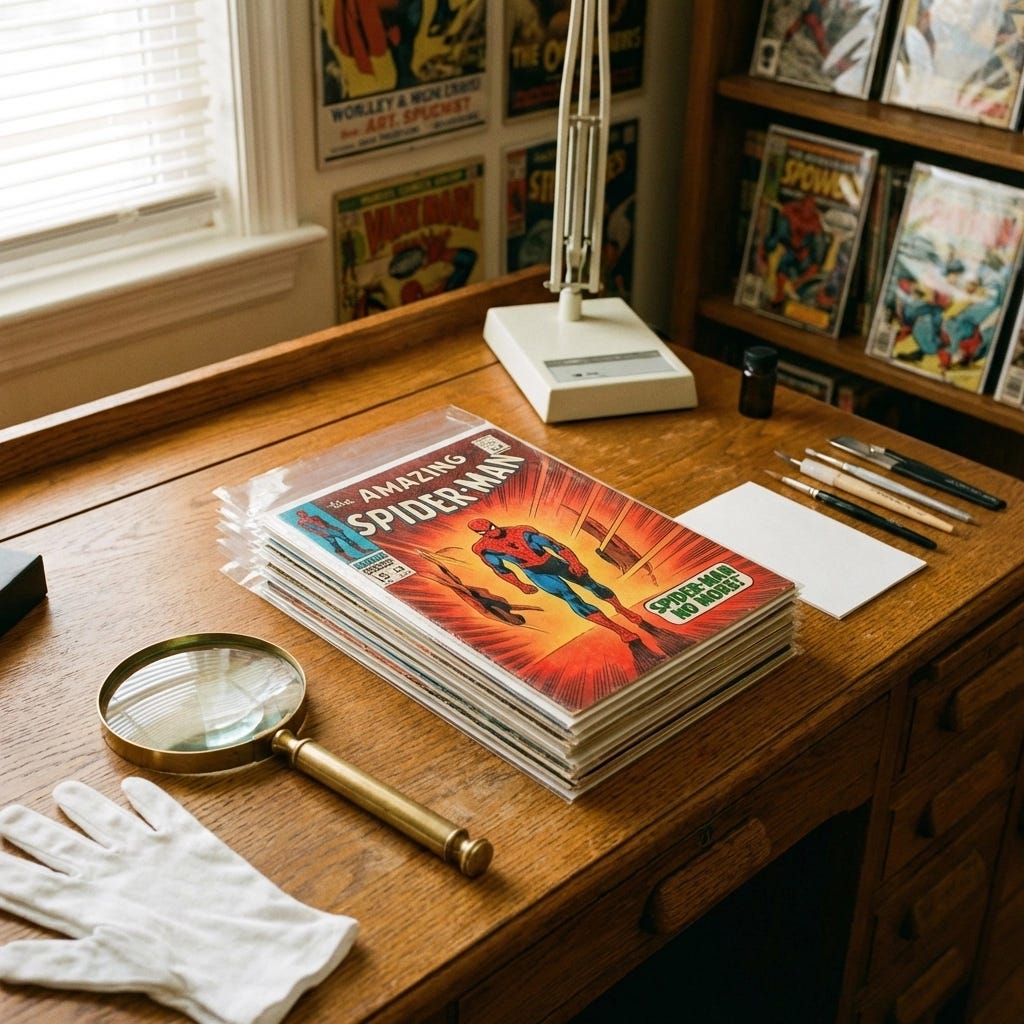 Vintage comics in protective Mylar bags on a collector's desk with a magnifying glass and white gloves.