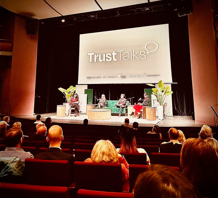 Trust Talks, at the Isabel Bader Theatre, October 19, 2023, featuring (from L to R) CBC's Nahlah Ayed, The Toronto Star's Irene Gentle, CBC's Brodie Fenlon, and Global's Sonia Verma.