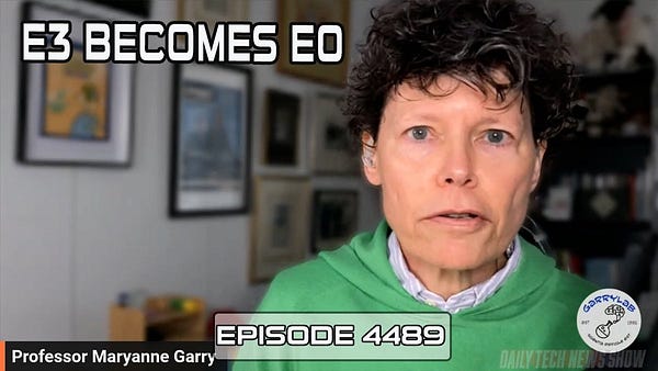 “E3 BECOMES E0” in white text on screenshot of Professor Maryanne Garry taken from today’s video recording of DTNS, “Professor Maryanne Garry” in white text in the bottom left corner, “EPISODE 4489” in white text across the bottom.