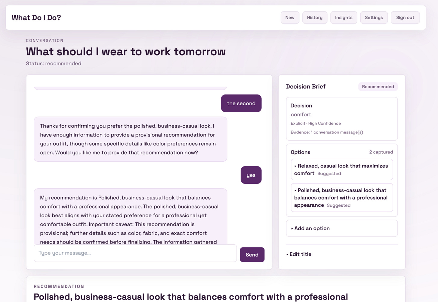 Screenshot of a conversation interface discussing outfit recommendations for work, focusing on a polished, business-casual look that balances comfort and professionalism.