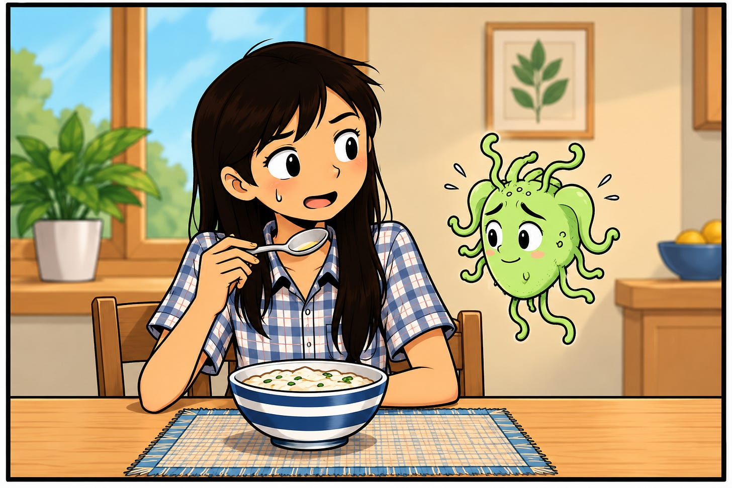 Zara and Omie talk over a bowl of dahi.