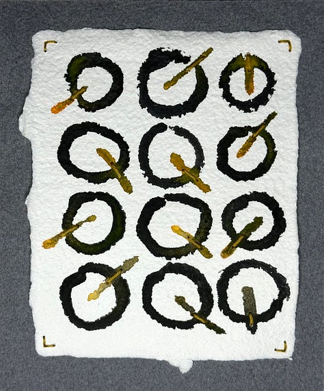 nine abstract paintings made with watercolor on cotton paper with Sashiko thread.