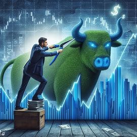 show a wall street broker cutting a hedge in the form of a financial chart. Image 2 of 4