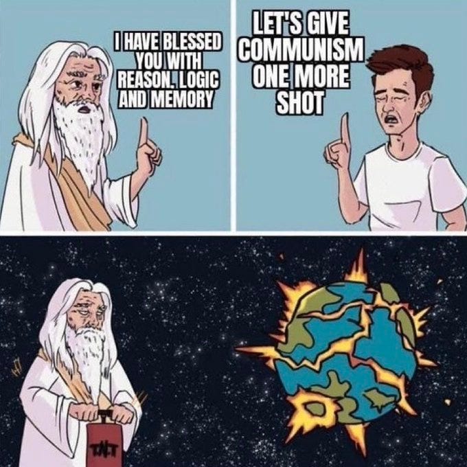 Four-panel cartoon illustration shows an elderly bearded man in white robe pointing upward in the first panel with text I have blessed communism with reason logic and memory. Second panel depicts a young man in white t-shirt pointing with text LETS GIVE communism one more shot. Third panel has the elderly man holding a lit dynamite stick labeled reason logic and memory. Fourth panel illustrates a blue Earth globe exploding with fiery bursts.