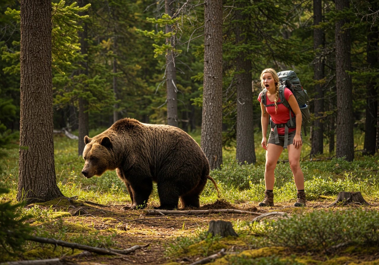 Young woman surprising a grizzly bear pooping in the woods in Teton National Park
