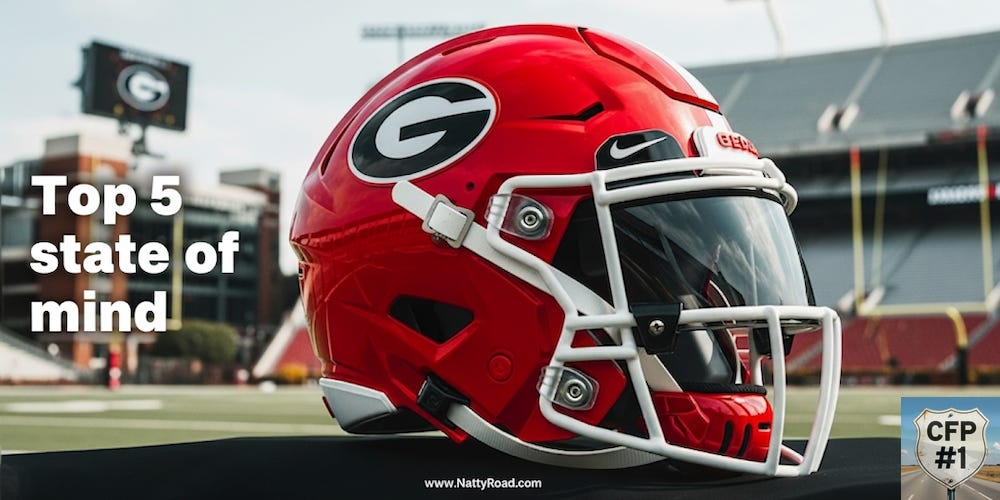Georgia Bulldogs football helmet on Sanford Stadium turf with bold text reading “Top 5 state of mind,” highlighting Georgia’s 2025 CFP playoff push. Deals on seats, fan gear, and premium content at www.NattyRoad.com