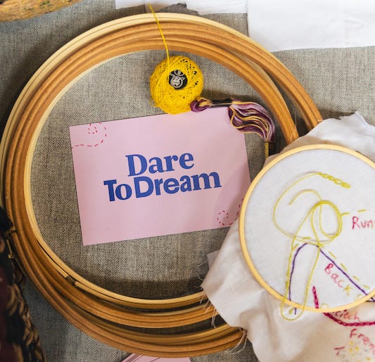 Empty circular wooden embroidery rings with a pink postcard in the middle that says, Dare To Dream