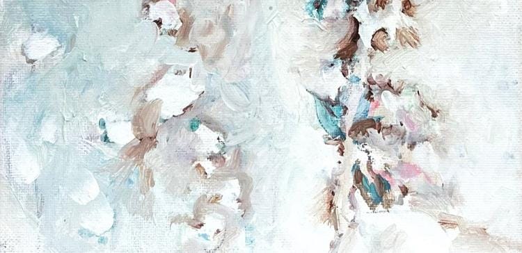 Pale, textured brushstrokes suggest a quiet snowfall over a serene, abstracted field.