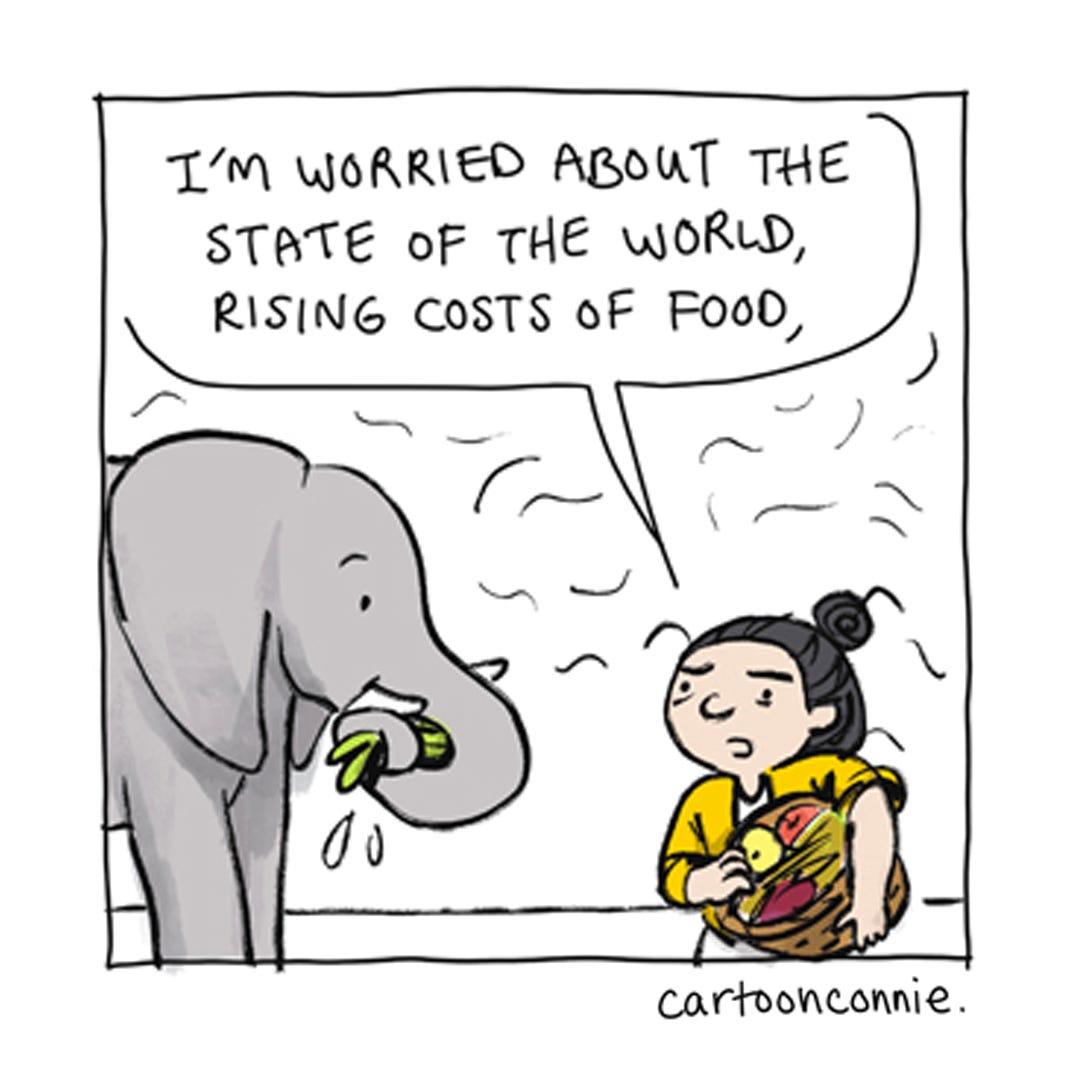 Panel 1 of a 6-panel comic about the weird things we stock up on in times of uncertainty and scarcity. The panels illustrate a cartoon girl with a bun talking to an elephant about insecurity leading to an impulse to panic-buy strange things. Titled "The Things We Stock Up On," 2026, by Connie Sun, cartoonconnie. Panel 1 of a 6-panel comic about the weird things we stock up on in times of uncertainty and scarcity. The panels illustrate a cartoon girl with a bun talking to an elephant about insecurity leading to an impulse to panic-buy strange things. Titled "The Things We Stock Up On," 2026, by Connie Sun, cartoonconnie.