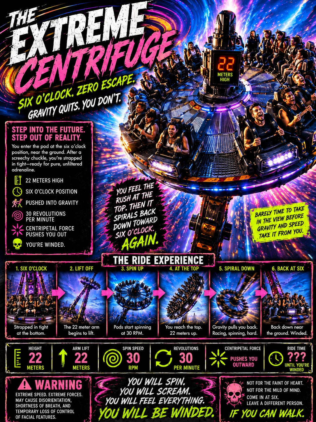 A fictional amusement park poster for The Extreme Centrifuge, a ride featured in Bad Idea Park. Riders sit around the edge of a giant spinning platform elevated 22 meters above the ground, surrounded by neon colors, swirling lights, and comic-book-style graphics. The poster explains the ride experience step-by-step, emphasizing centripetal force, rapid rotation, and the sensation of being pushed outward while spinning at 30 revolutions per minute. Bold slogans such as “Gravity Quits, You Don’t,” “You Will Spin. You Will Scream. You Will Feel Everything,” and “You Will Be Winded” present the scientifically plausible ride as both thrilling and slightly concerning, fitting the park’s theme of great physics and questionable judgment. A fictional amusement park poster for The Extreme Centrifuge, a ride featured in Bad Idea Park. Riders sit around the edge of a giant spinning platform elevated 22 meters above the ground, surrounded by neon colors, swirling lights, and comic-book-style graphics. The poster explains the ride experience step-by-step, emphasizing centripetal force, rapid rotation, and the sensation of being pushed outward while spinning at 30 revolutions per minute. Bold slogans such as “Gravity Quits, You Don’t,” “You Will Spin. You Will Scream. You Will Feel Everything,” and “You Will Be Winded” present the scientifically plausible ride as both thrilling and slightly concerning, fitting the park’s theme of great physics and questionable judgment.
