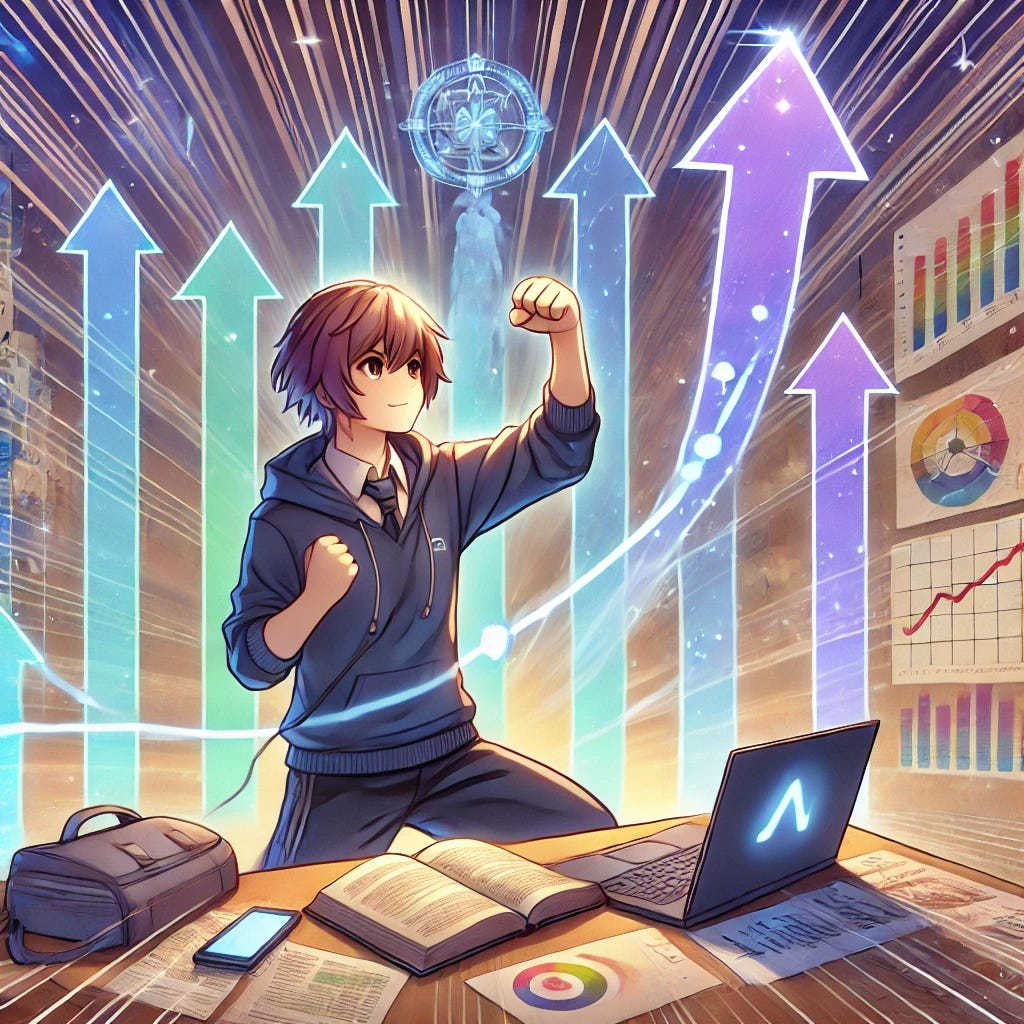 An anime-style illustration of a single character striving to improve themselves. The character is engaged in a self-improvement activity, such as studying with books and a laptop, practicing a skill like playing a musical instrument, or exercising. The background is vibrant and dynamic, featuring motivational symbols like upward arrows, rays of light, and growth charts subtly integrated into the scene. The character has a determined expression, and the overall atmosphere is one of positivity, ambition, and personal growth.